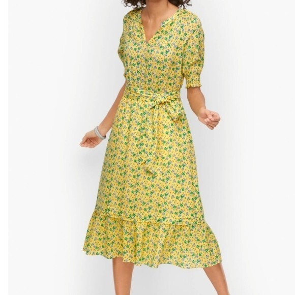 Talbots Dresses & Skirts - Talbots Dress Size S Yellow Smocked Voile Floral Fit & Flare Belted‎ Romantic